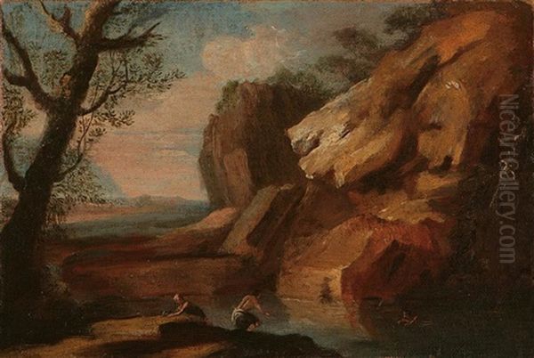 Paesaggio Roccioso Con Laghetto E Nuotatore Oil Painting by Gaspard Dughet