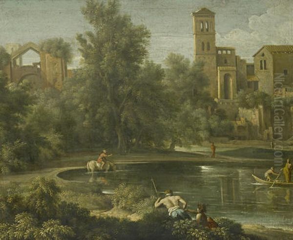 Figures By A Lake In An Italianate Landscape, With A Horseman And A Boat In The Distance And A Village On The Horizon Oil Painting by Gaspard Dughet