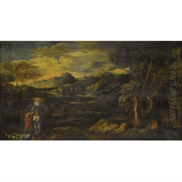 Arcadian Landscape With The Baptism Of Christ Oil Painting by Gaspard Dughet