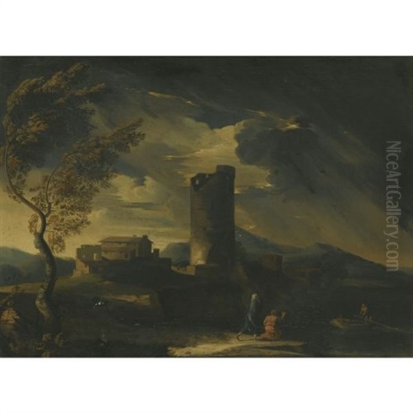 A Thunderous Classical Landscape With Two Figures Waiting For A Boat To Come To Shore, A Village And Ruins To The Left Oil Painting by Gaspard Dughet