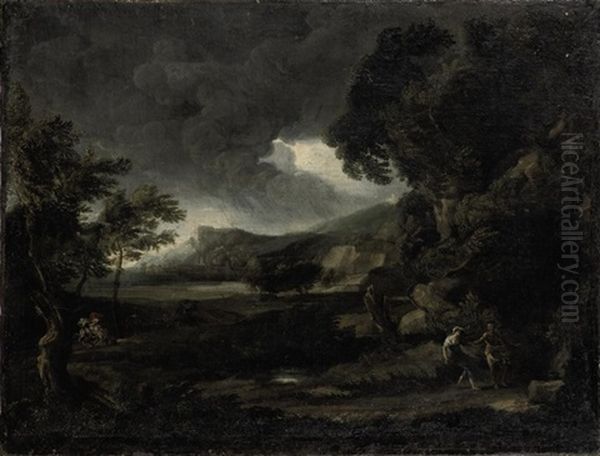 Landscape With Figures Seeking Shelter From The Stormy Weather Oil Painting by Gaspard Dughet