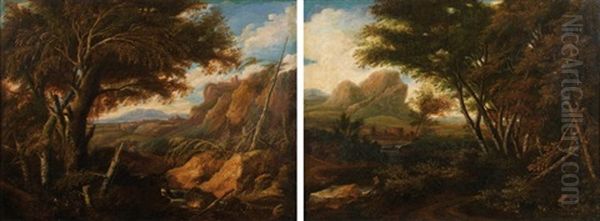 Paysages Aux Arbres Et Forteresse (pair) Oil Painting by Gaspard Dughet