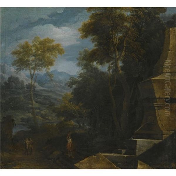 An Italianate Landscape With A Woman Fetching Water From A Fountain Oil Painting by Gaspard Dughet