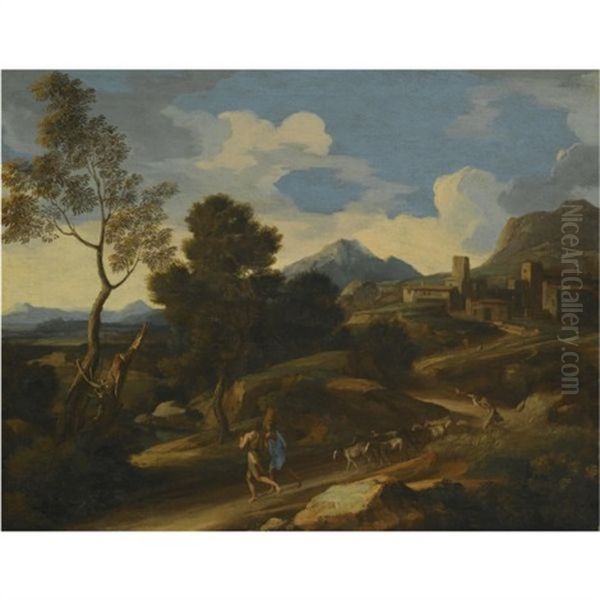 An Italianate Landscape With Goat Herders Driving Their Flock Along The Path In The Foregound, A Town Beyond Oil Painting by Gaspard Dughet