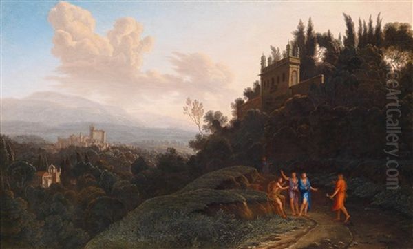 Ansicht Einer Festung (castel Gandolfo?) In Latium, Zur Rechten Das Casino Einer Villa Oil Painting by Gaspard Dughet