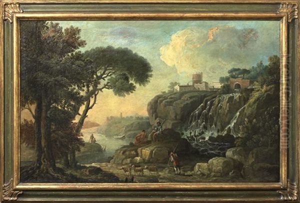 Castellated Landscape Capriccio Oil Painting by Gaspard Dughet