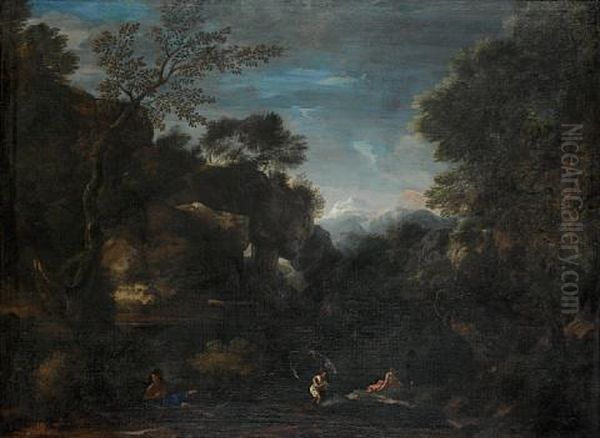 A Fisherman And Figures Beside A Lake Oil Painting by Gaspard Dughet