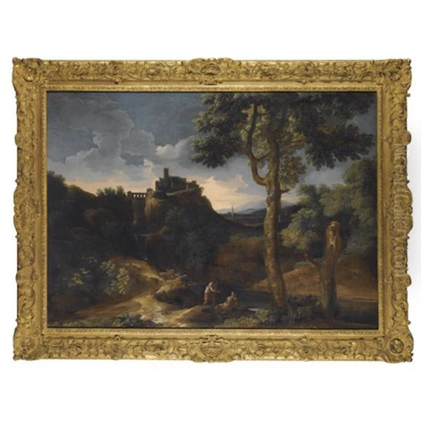 Italianate River Landscapes, Each With Figures Resting In The Foreground (various Sizes; Pair) Oil Painting by Gaspard Dughet