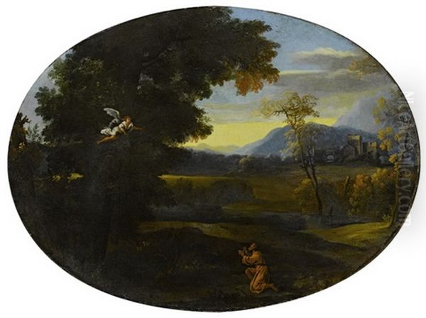 Landschaft Mit Burgruine, Im Vordergrund Heiliger Mit Einem Verkundenden Engel Oil Painting by Gaspard Dughet