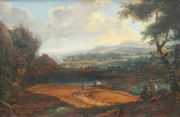 Idyllische Fluslandschaft Mit Ruinen Und Rastenden Wanderern Oil Painting by Gaspard Dughet