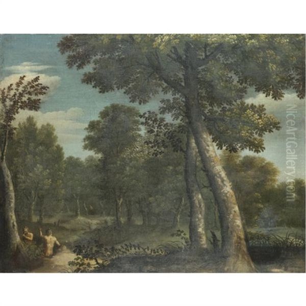 A River Landscape With Satyrs Playing Their Pipes In The Foreground Oil Painting by Gaspard Dughet