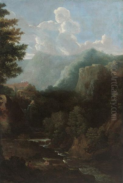 An Italianate Wooded River Landscape With Figures Resting On A Bank Oil Painting by Gaspard Dughet