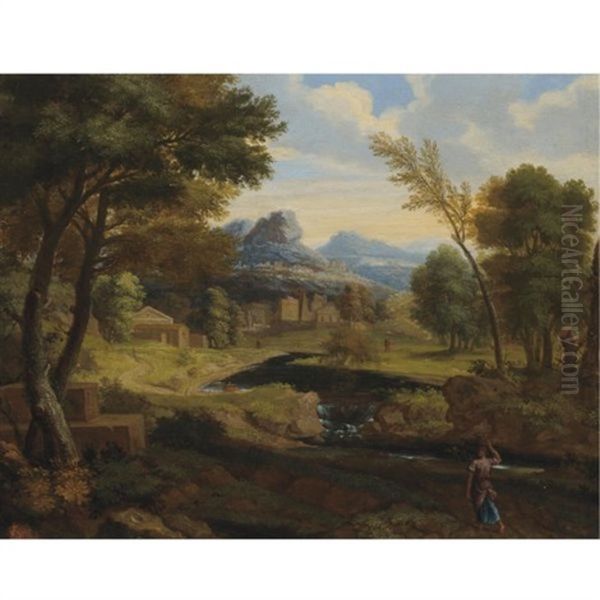 Figures In A Wooded Landscape Oil Painting by Gaspard Dughet