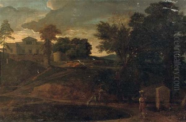 An Italianate Landscape With A Washerwoman Near A Lake, A Villa On A Hill Beyond Oil Painting by Gaspard Dughet