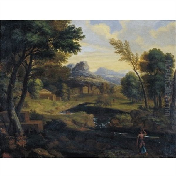 Figures In A Wooded Landscape Oil Painting by Gaspard Dughet