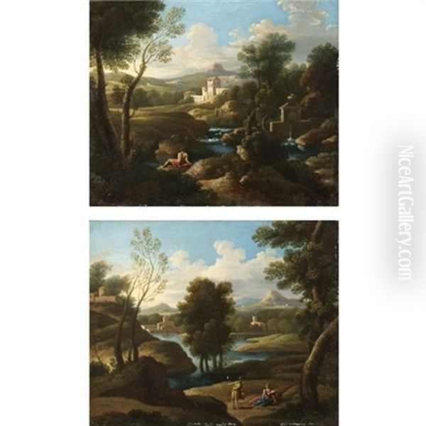 Paesaggio Con Figure Vicino A Un Fiume (+ Another; Pair) Oil Painting by Gaspard Dughet