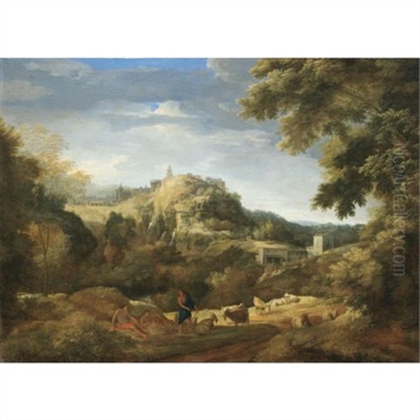 A View Of Tivoli With Shepherds Resting With Their Flock In The Foreground Oil Painting by Gaspard Dughet