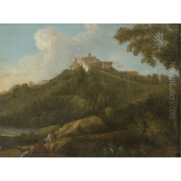 A View Of The Roman Campagna With Shepherds In The Foreground And A Palazzo And A Church On A Hilltop Beyond Oil Painting by Gaspard Dughet