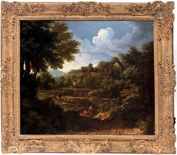 A Wooded Landscape With Figures By A River Oil Painting by Gaspard Dughet