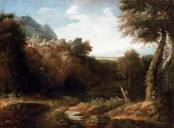 A River Landscape With A Walled Town On A Hill And A Coastal View Beyond Oil Painting by Gaspard Dughet