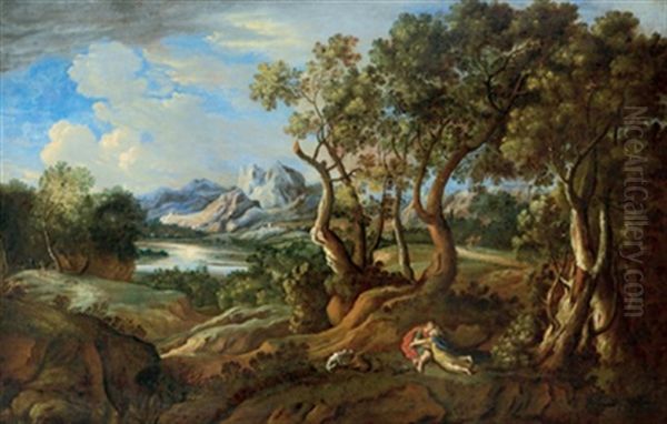 Paesaggio Boscoso Con Diana E Endimione, Bewaldete Flusslandschaft Mit Diana Und Endymion Oil Painting by Gaspard Dughet