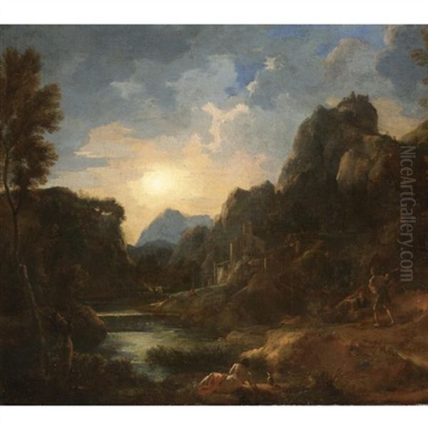 Paesaggio Fluviale Al Tramonto Con Figure Oil Painting by Gaspard Dughet