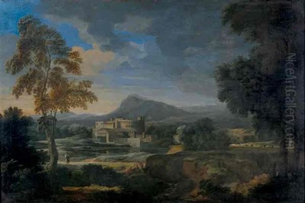 Landscape With Fort And Figures In The Foreground By A Stream Oil Painting by Gaspard Dughet