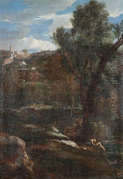 An Italianate Landscape With Figures On The Banks Of A River, A View To A Hilltop Village Beyond Oil Painting by Gaspard Dughet