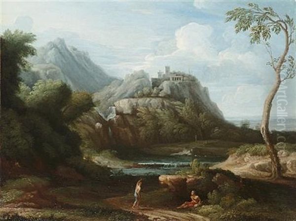 An Arcadian Landscape With Figures Resting Beneath Trees, A View To A Castle Beyond (+ An Arcadian River Landscape With Figures Resting Beside A Country Path, A Hilltop Village Beyond; Pair) Oil Painting by Gaspard Dughet