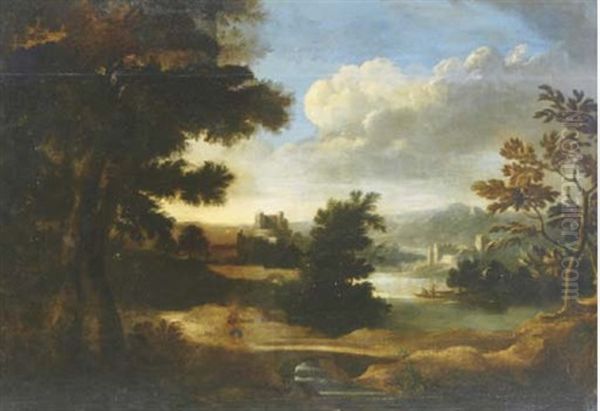 A River Landscape With A Figure And A Fortress Beyond by Gaspard Dughet