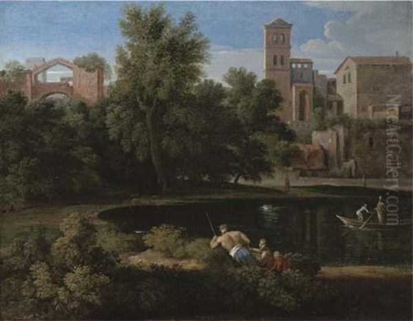 A Classical Landscape With Figures Resting By A Lake, A Town Beyond Oil Painting by Gaspard Dughet