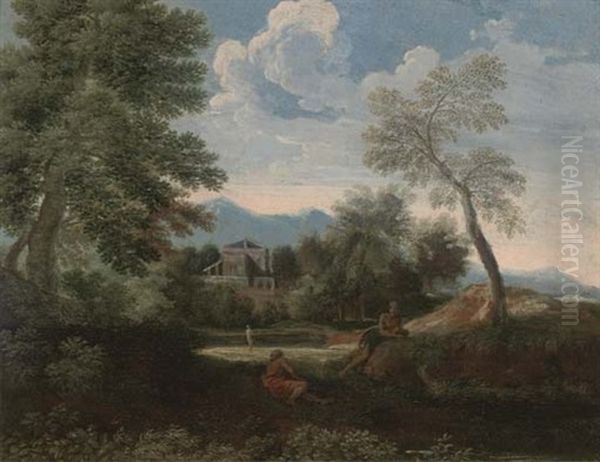 A Wooded Landscape With Figures Conversing, A Town Beyond Oil Painting by Gaspard Dughet