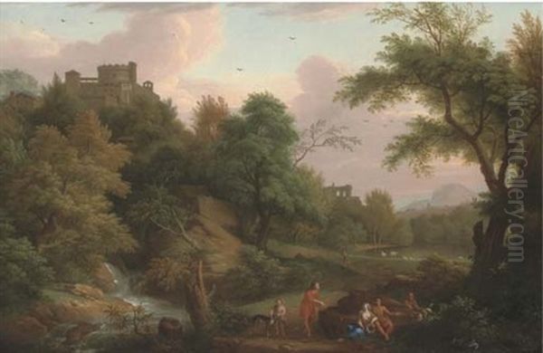 An Italianate Wooded Landscape, With Figures By A Stream And Buildings Beyond Oil Painting by Gaspard Dughet