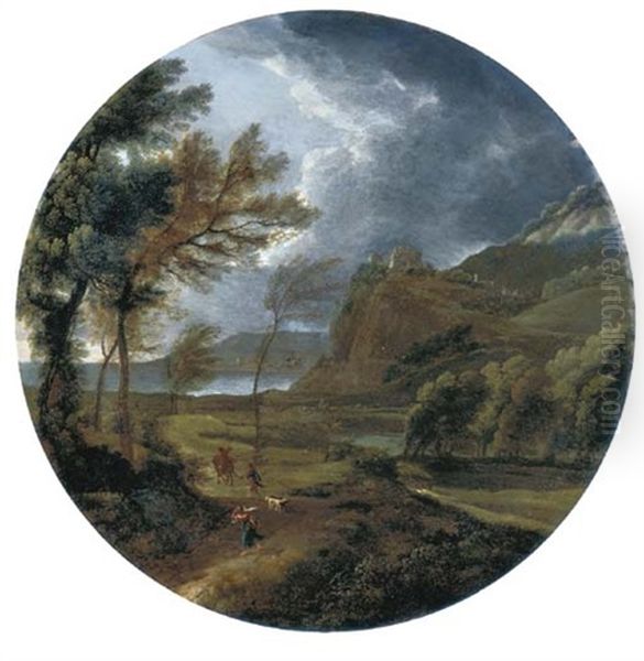 A Stormy Landscape With Travelers By A Cliff Oil Painting by Gaspard Dughet