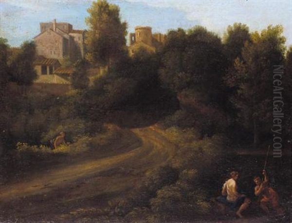 A Classical Landscape With Figures Near A Bridge Leading To A Village Oil Painting by Gaspard Dughet