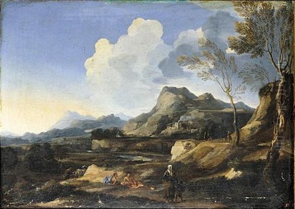 An Italianate Landscape With A River And Rustic Buildings, Classical Figures And Travellers In The Foreground Oil Painting by Gaspard Dughet