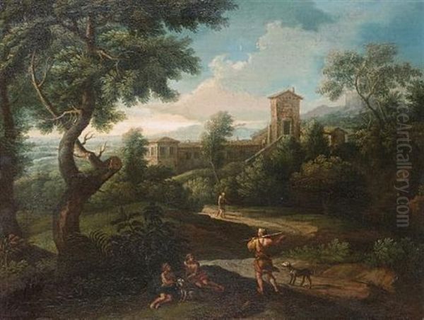 An Arcadian Landscape With Travellers On A Path, A Walled Village Beyond Oil Painting by Gaspard Dughet