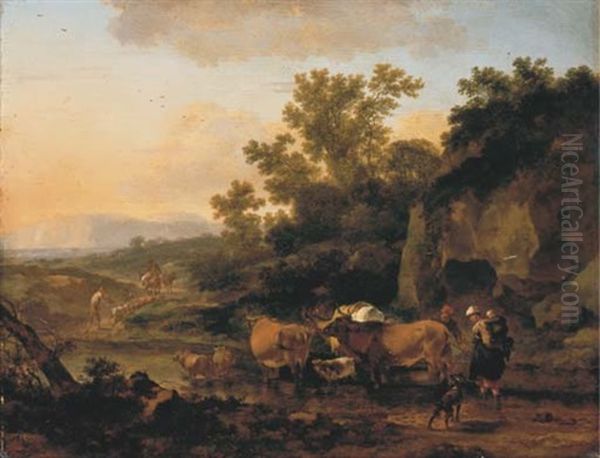 An Italianate River Landscape With A Shepherd And His Flock Oil Painting by Gaspard Dughet