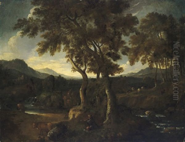 Paesaggio Boscoso Con Un Pastore Che Suona Il Flauto: Weite Bewaldete Landschaft Mit Einem Schalmei Blasenden Hirten Oil Painting by Gaspard Dughet