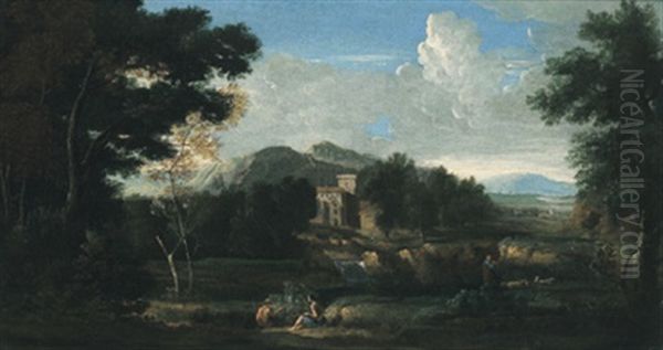 Paesaggio Fluviale Con Pastori: Flusslandschaft Mit Hirten Oil Painting by Gaspard Dughet