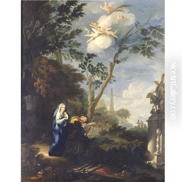 Landscape With The Flight Into Egypt (attr. In Collab. W/filippo Lauri) Oil Painting by Gaspard Dughet