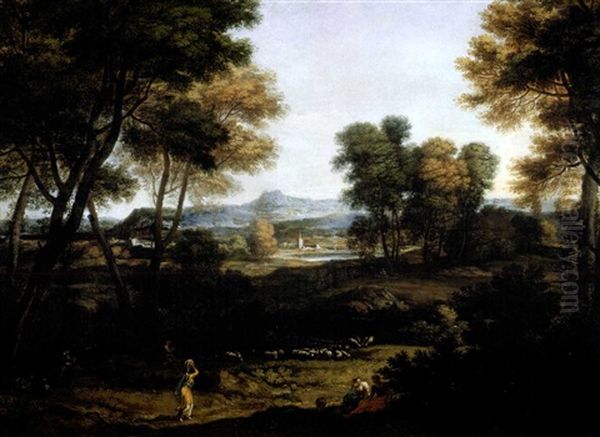 An Italianate Landscape With Washerwomen And A Shepherd And A Church Spire Beyond Oil Painting by Gaspard Dughet