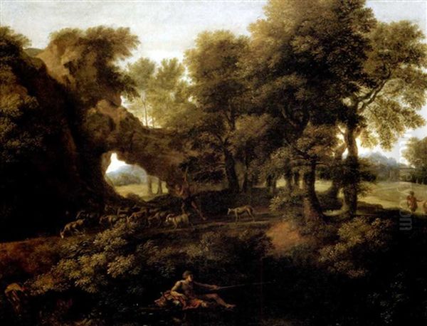 A Wooded Landscape With A Goat Herder Driving His Herd On A Path; Mountains Beyond Oil Painting by Gaspard Dughet