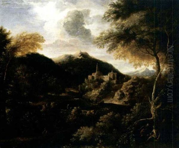 Paesaggio Boschivo Con Figure E Rocca In Lontananza Oil Painting by Gaspard Dughet