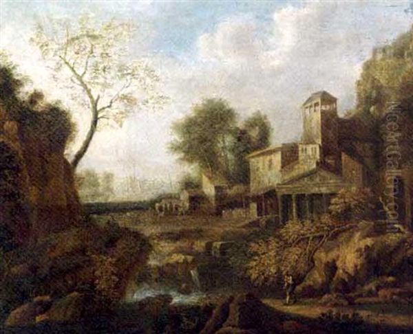 An Italianate River Landscape With A Traveller By A Town Oil Painting by Gaspard Dughet