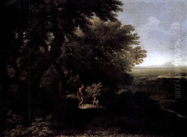 A Wooded Landscape With Two Figures Oil Painting by Gaspard Dughet