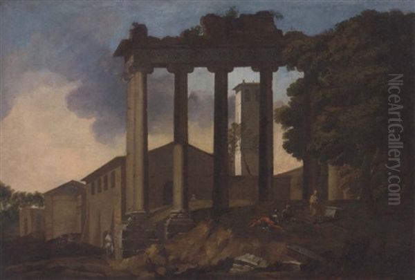 The Temple Of Concord, Rome, With Classical Figures In The Foreground Oil Painting by Gaspard Dughet