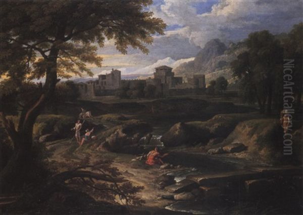 Paesaggio Fluviale Con Figure E Fortezza In Secondo Piano Oil Painting by Gaspard Dughet