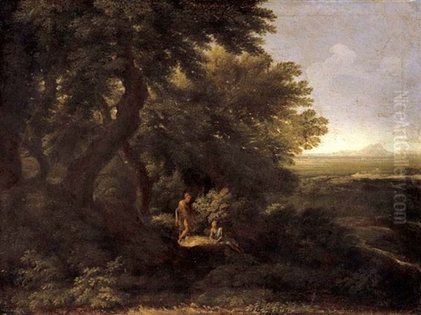 A Wooded Landscape With Two Figures by Gaspard Dughet