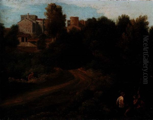 Classical Landscape With Figures Near A Bridge Leading To A Village Oil Painting by Gaspard Dughet